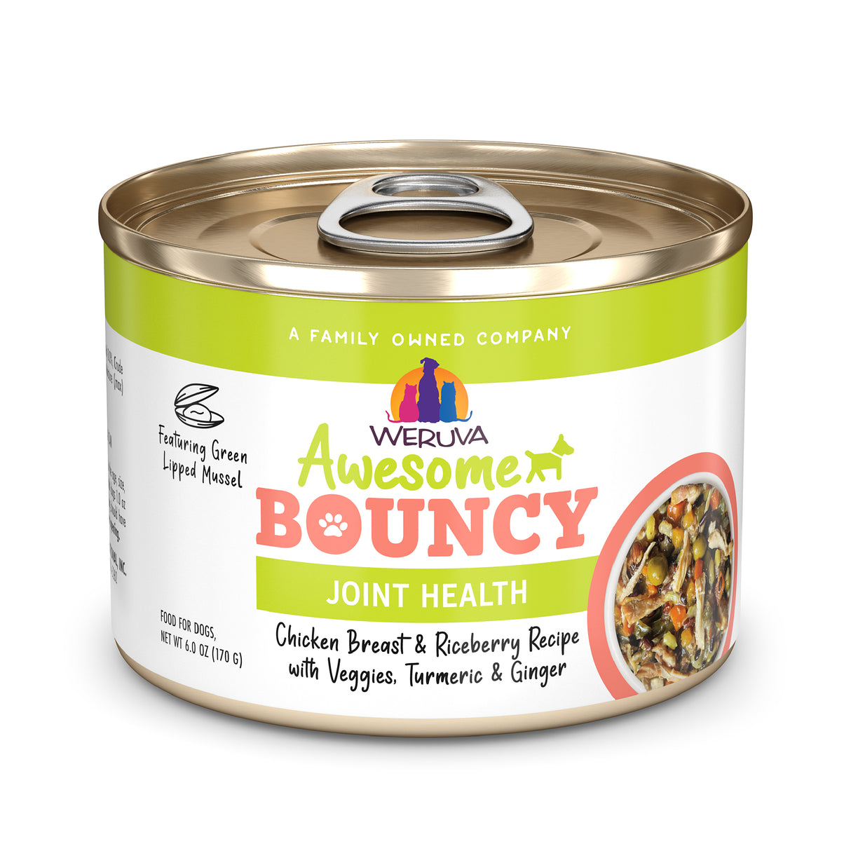 A can of Awesome Functions Awesome Bouncy Chicken Breast & Riceberry Recipe with Veggies, Turmeric & Ginger, spotlighting green-lipped mussel for dog joint health and featuring a photo of the nutritious meal on the label.