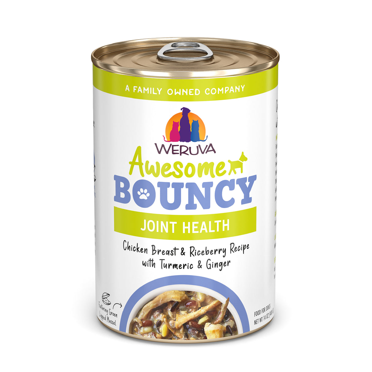A can of Awesome Functions Awesome Bouncy Chicken Breast & Riceberry Recipe with Turmeric & Ginger dog food features chicken breast, riceberry, green-lipped mussel, turmeric, and ginger. The white and green label displays colorful text and a dog silhouette.