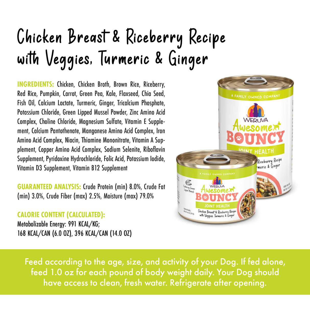 A pet food label for “Awesome Functions Awesome Bouncy Chicken Breast & Riceberry Recipe with Veggies, Turmeric & Ginger” highlights superfoods for dogs, dog joint support, ingredients, nutrition facts, feeding guide, and product images.