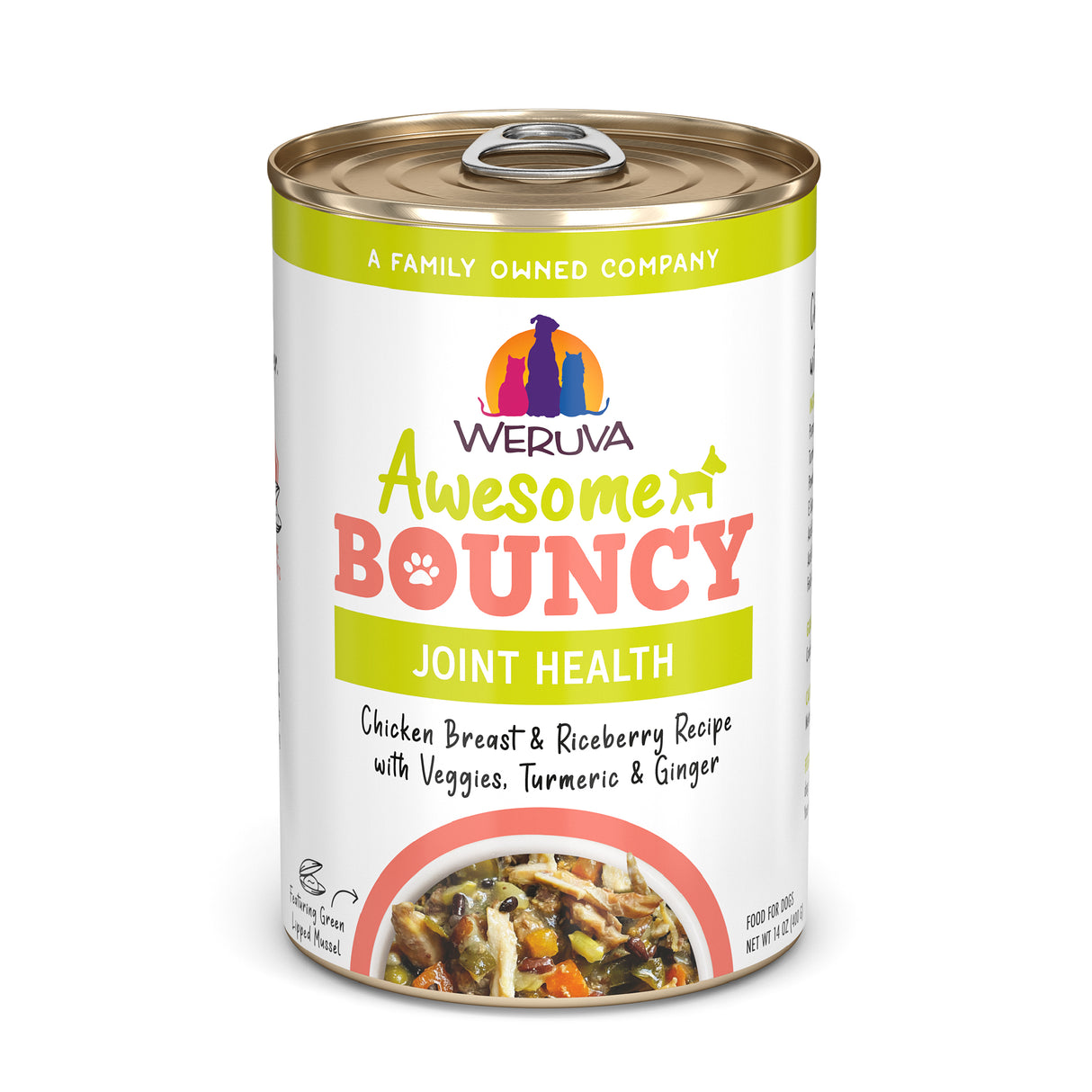 A can of Awesome Functions Awesome Bouncy Chicken Breast & Riceberry Recipe features superfoods like veggies, turmeric, and ginger for dog joint health. The label has vibrant text and a photo of the meal.