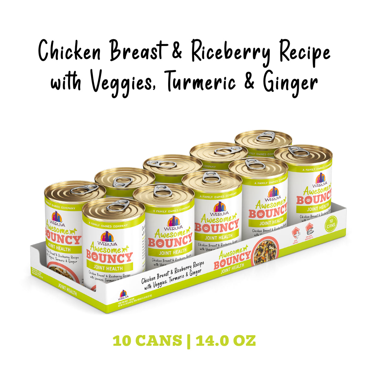 A 10-pack of Awesome Functions Awesome Bouncy Chicken Breast & Riceberry Recipe with Veggies, Turmeric & Ginger canned dog food. Each 14 oz can contains green-lipped mussel to support your dog's joint health.
