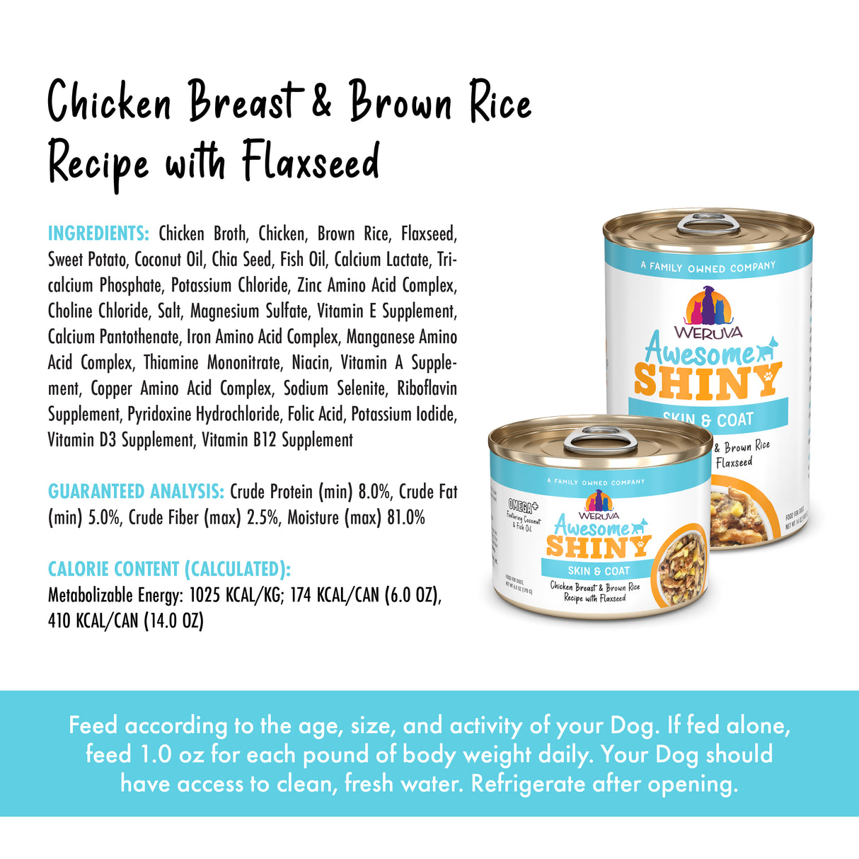 Cans of Awesome Functions’ Awesome Shiny Chicken Breast & Brown Rice Recipe with Flaxseed are shown with ingredient details, nutrition facts, feeding guidelines, and branding for this omega-rich formula supporting skin and coat health.