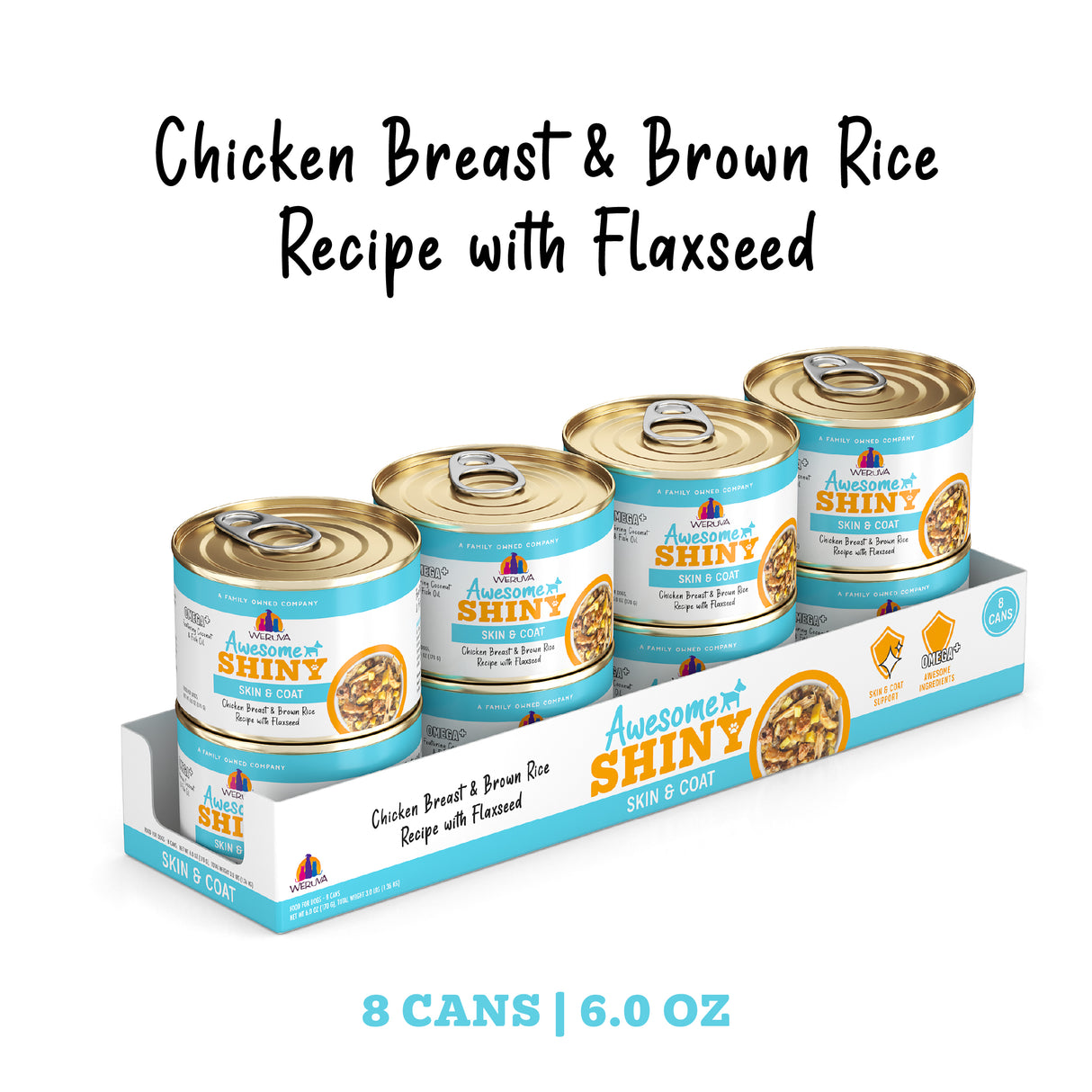 Four 6.0 oz cans of Awesome Functions' Awesome Shiny Chicken Breast & Brown Rice Recipe with Flaxseed are shown in a tray, labeled "Skin & Coat" to support dogs’ skin and coat health for a shiny, nourished look.