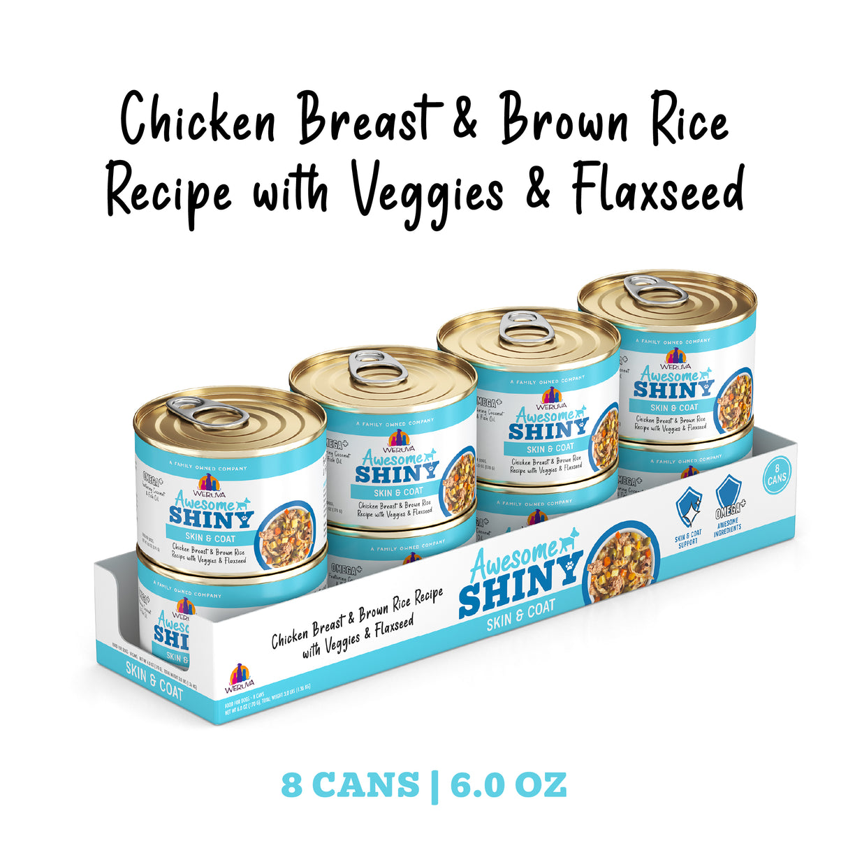 Five cans of Awesome Functions’ Awesome Shiny Chicken Breast & Brown Rice Recipe with Veggies & Flaxseed, a 6.0 oz dog food supporting skin and coat health, each in a white and blue 8-pack tray.