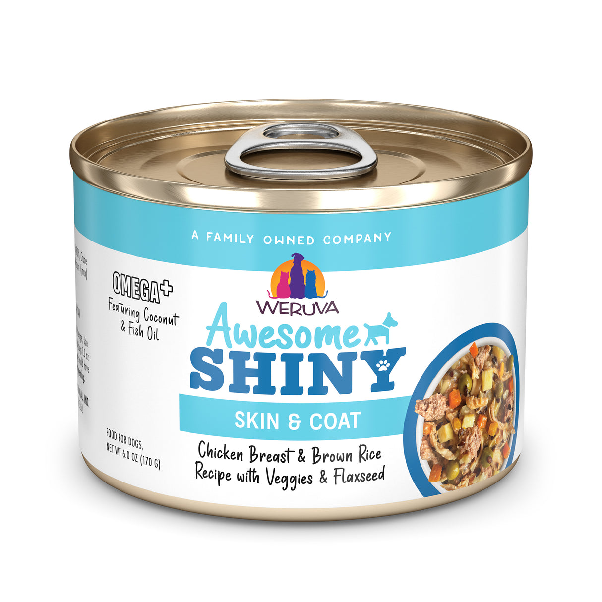 A can of Awesome Functions Awesome Shiny Chicken Breast & Brown Rice Recipe with Veggies & Flaxseed features superfoods for dogs supporting skin and coat health, highlighted with Omega+ from coconut and fish oil on the label.