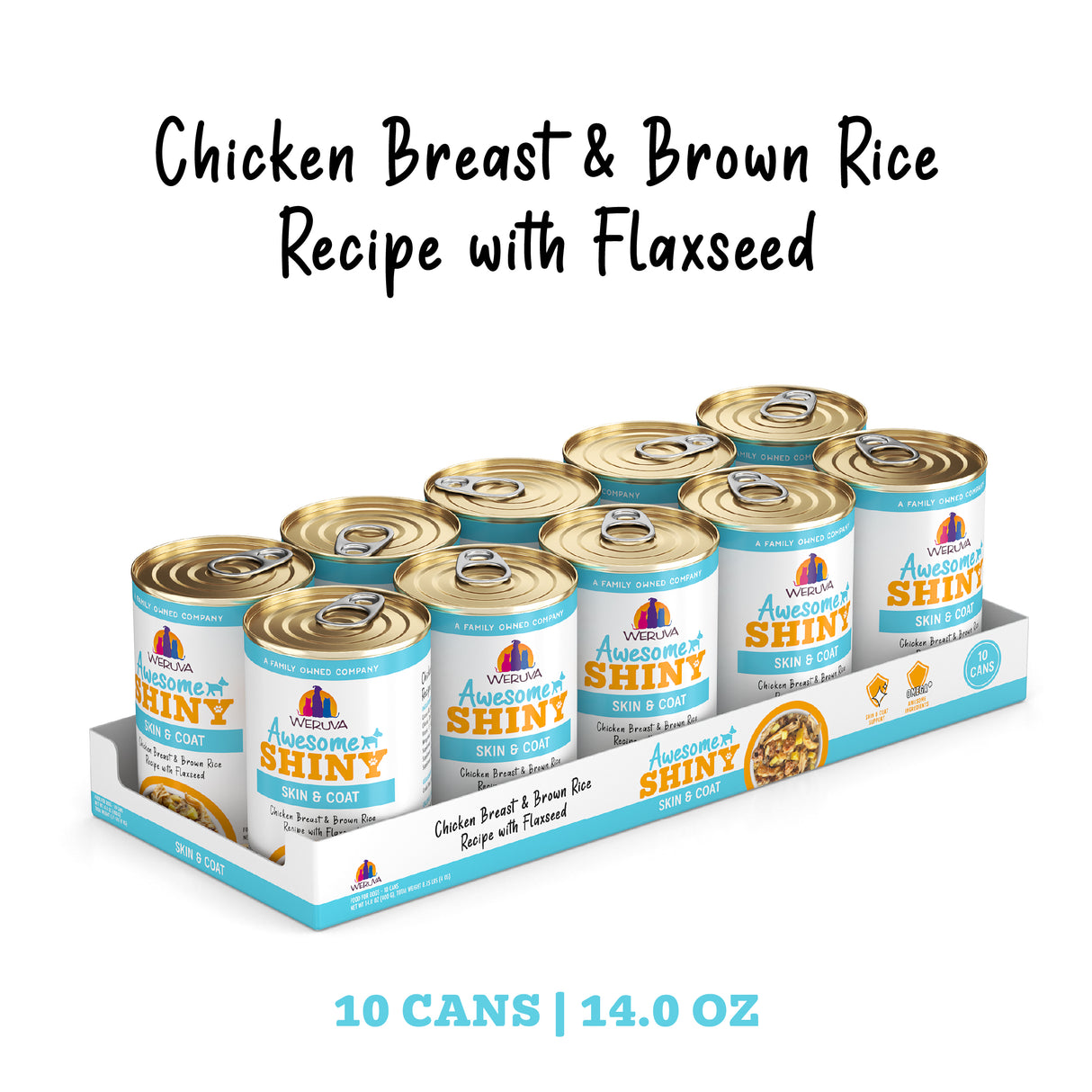 A 10-pack of 14-oz cans of Awesome Functions Awesome Shiny Chicken Breast & Brown Rice Recipe with Flaxseed cat food, displayed in a tray with product details and colorful branding for those seeking premium nutrition.