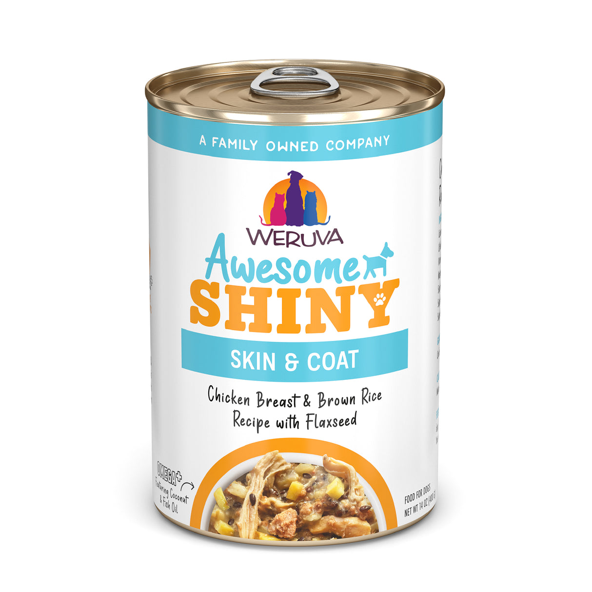 A can of Awesome Functions Awesome Shiny Chicken Breast & Brown Rice Recipe with Flaxseed dog food, designed to support skin and coat health, features images of pets and a close-up of the food on the label.