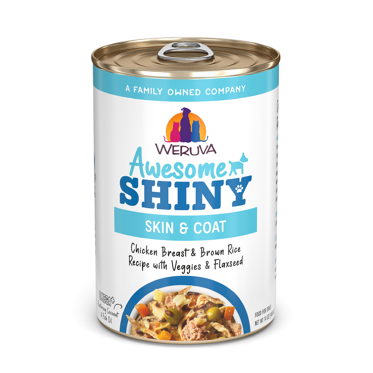 A can of Awesome Functions Awesome Shiny Chicken Breast & Brown Rice Recipe with Veggies & Flaxseed, in blue and white packaging with pet silhouettes and a bowl of food on the label.