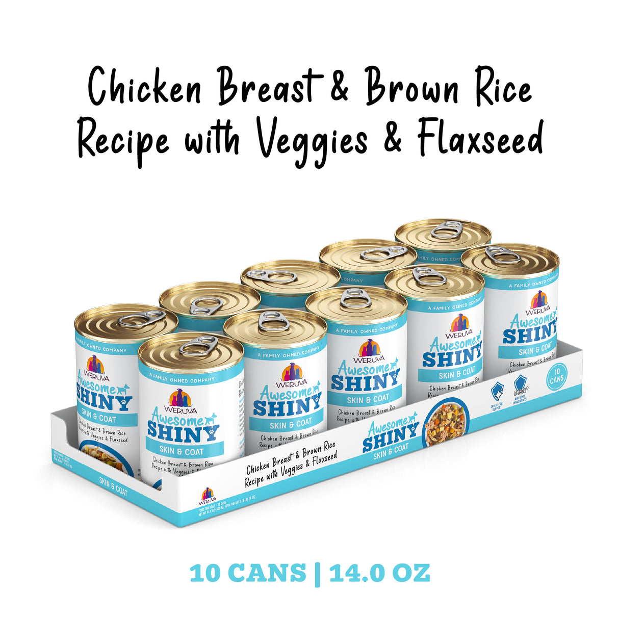A 10-pack of Awesome Functions Awesome Shiny Chicken Breast & Brown Rice Recipe with Veggies & Flaxseed cat food, 14 oz cans each, comes neatly arranged in a cardboard tray.