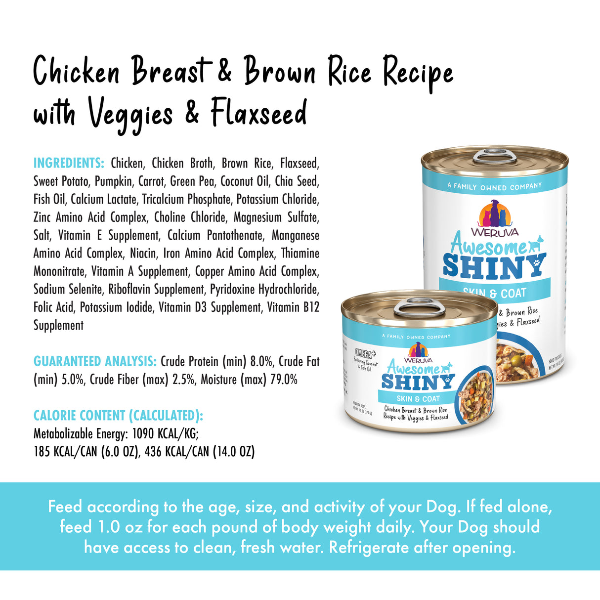 Cans of Awesome Functions Awesome Shiny Chicken Breast & Brown Rice Recipe with Veggies & Flaxseed are shown, highlighting superfoods for dogs and nutritional info to support skin and coat health on a white and light blue background.