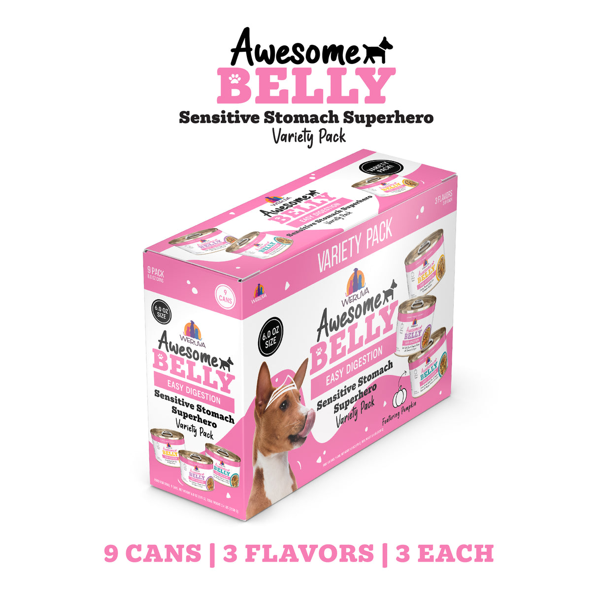 A pink and white box of Awesome Functions Awesome Belly Sensitive Stomach Superhero dog food with 9 cans (3 flavors, 3 cans each), including grass-fed beef. A dog looks up as text highlights healthy digestion and variety.