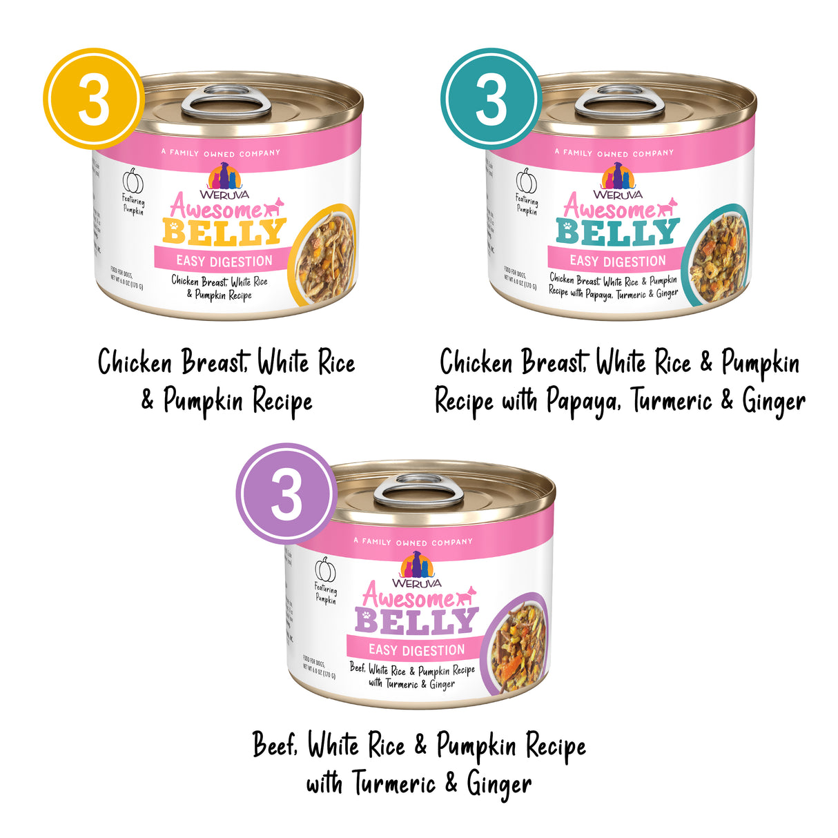 Three cans of Awesome Functions Awesome Belly Sensitive Stomach Superhero dog food in chicken & rice with pumpkin, chicken & rice with pumpkin plus papaya, turmeric & ginger, and grass-fed beef with rice & pumpkin for healthy digestion.