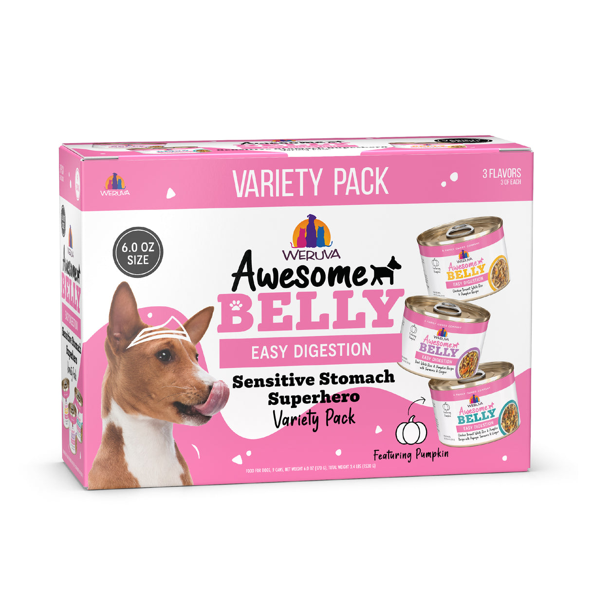 A pink and white box of Awesome Functions Awesome Belly Sensitive Stomach Superhero wet dog food, featuring a dog licking its lips, canned food images, superhero theme, pumpkin for healthy digestion, and a formula for sensitive stomachs.