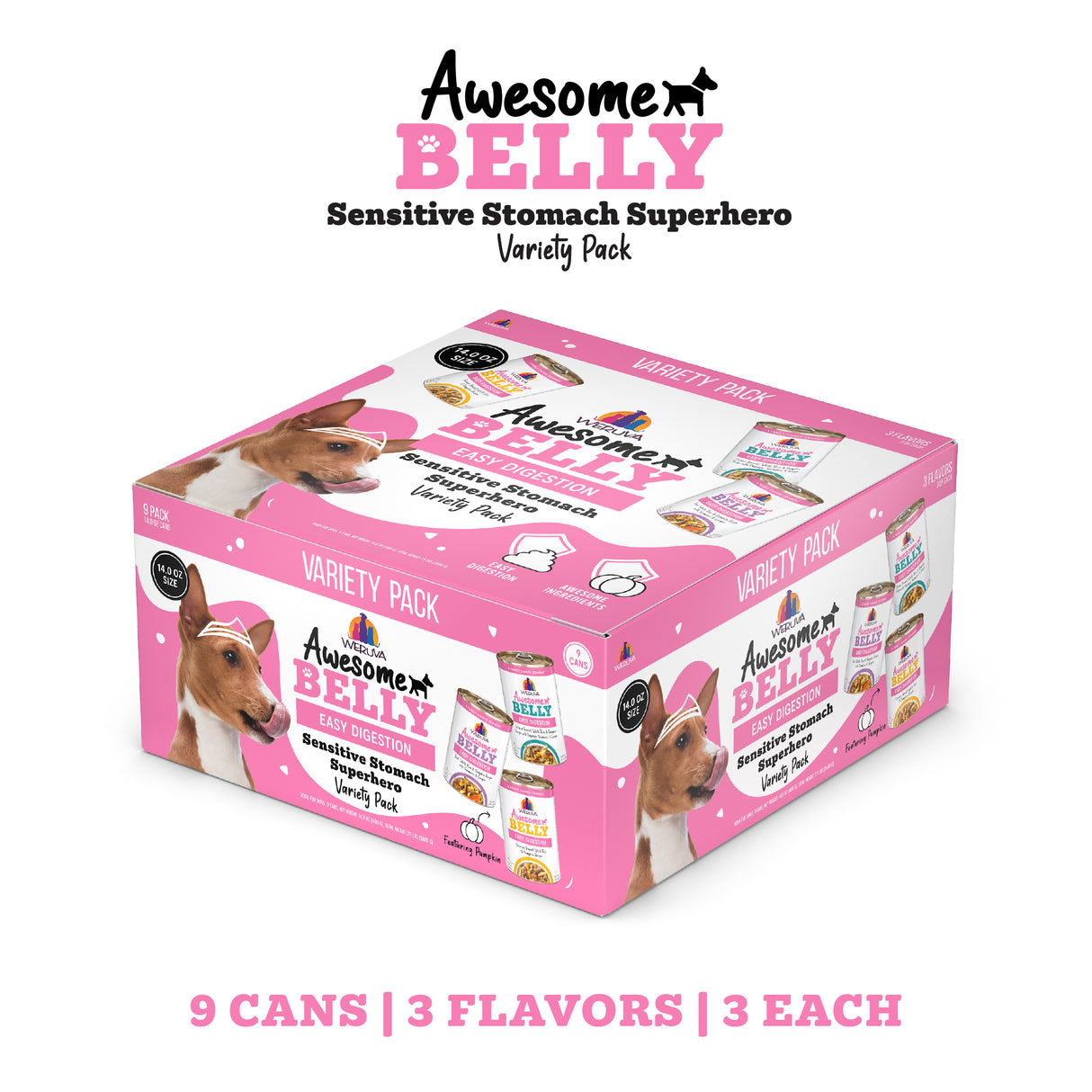A pink and white box labeled Awesome Functions Awesome Belly Sensitive Stomach Superhero for dogs, with a dog’s head pictured. Features 9 cans (3 each of 3 flavors) for sensitive stomachs, promoting healthy digestion.