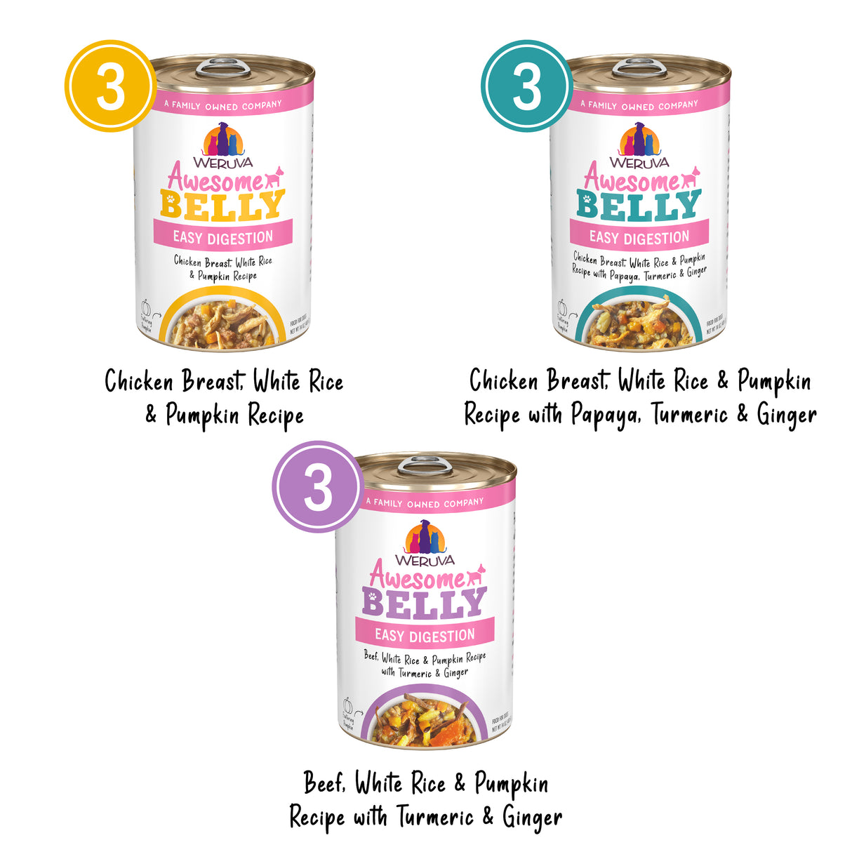 Three cans of Awesome Functions’ Awesome Belly Sensitive Stomach Superhero dog food for healthy digestion are shown—two with Chicken Breast, White Rice & Pumpkin (one includes papaya), and one with grass-fed beef—all featuring a big number 3 badge.