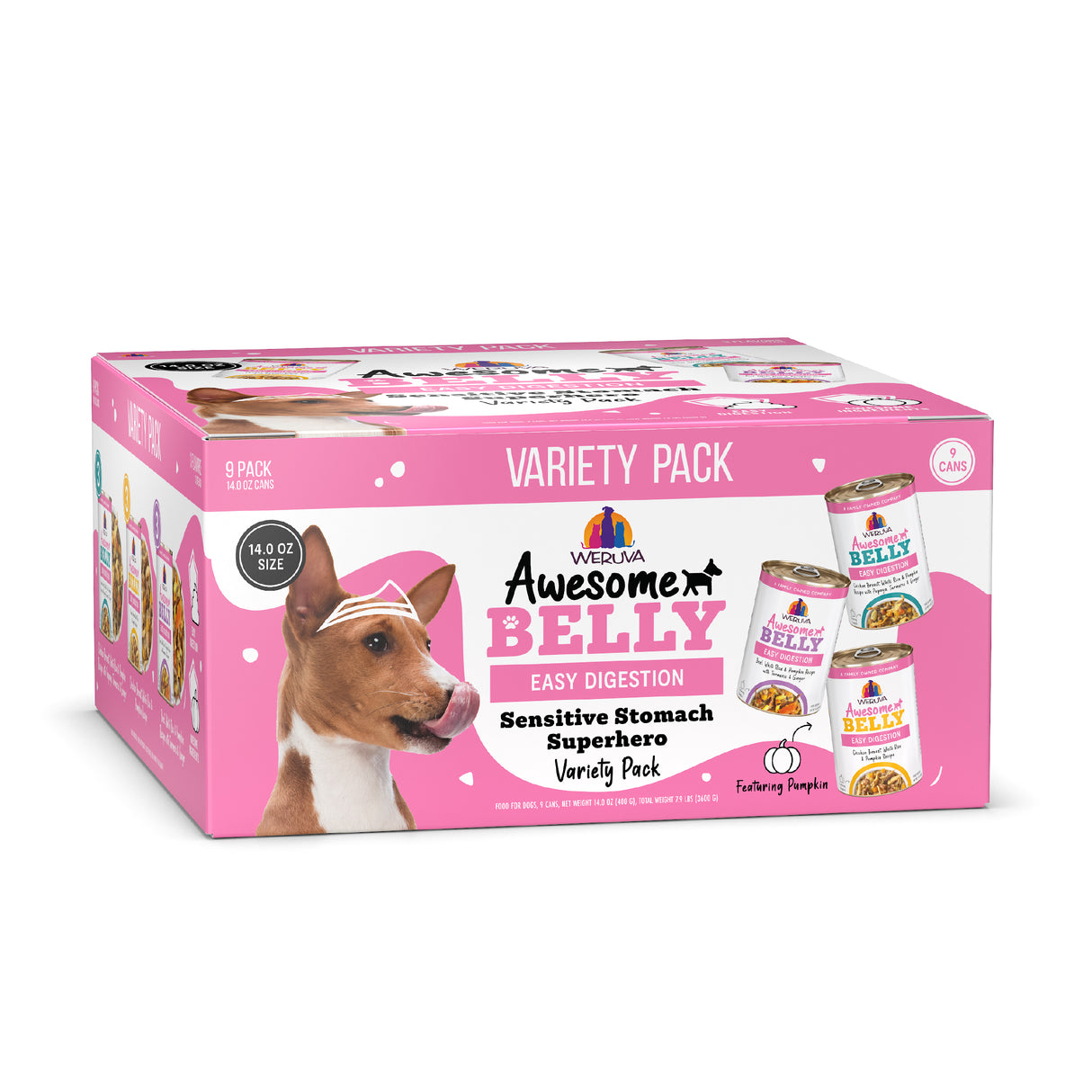 A pink and white box of Awesome Functions Awesome Belly Sensitive Stomach Superhero dog food, designed for healthy digestion, features a dog in a pink superhero mask and canned food with feathering pumpkin flavor.