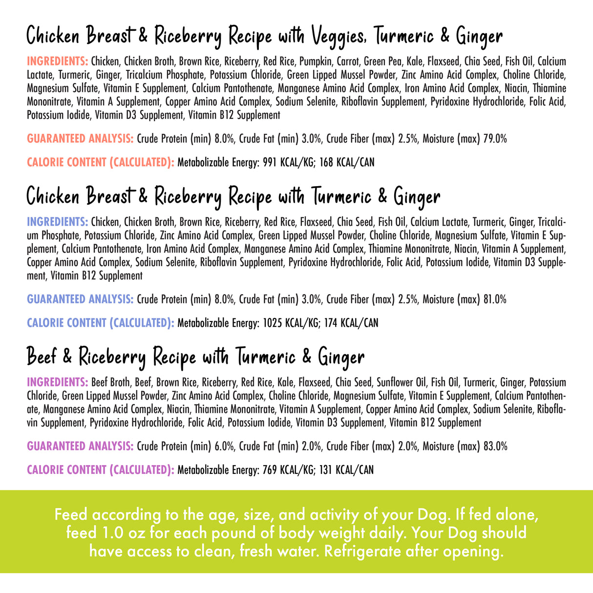 The Awesome Functions Awesome Bouncy Magnificent Mobility dog food offers Chicken Breast & Rice, Chicken Breast & Riceberry, and Beef & Riceberry, with fish oil for joint health, calorie info, and feeding guidelines.