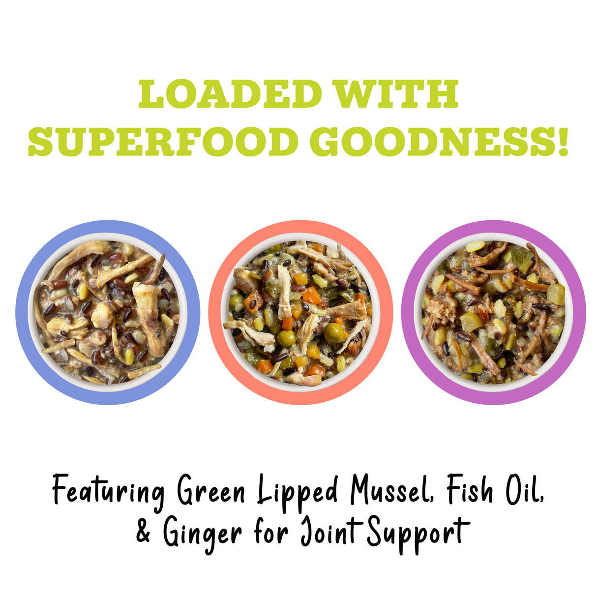 Awesome Functions' Awesome Bouncy Magnificent Mobility dog food features visible ingredients like green-lipped mussels, fish oil, and ginger to support joint health—superfood goodness in every wholesome bowl your pet will love.