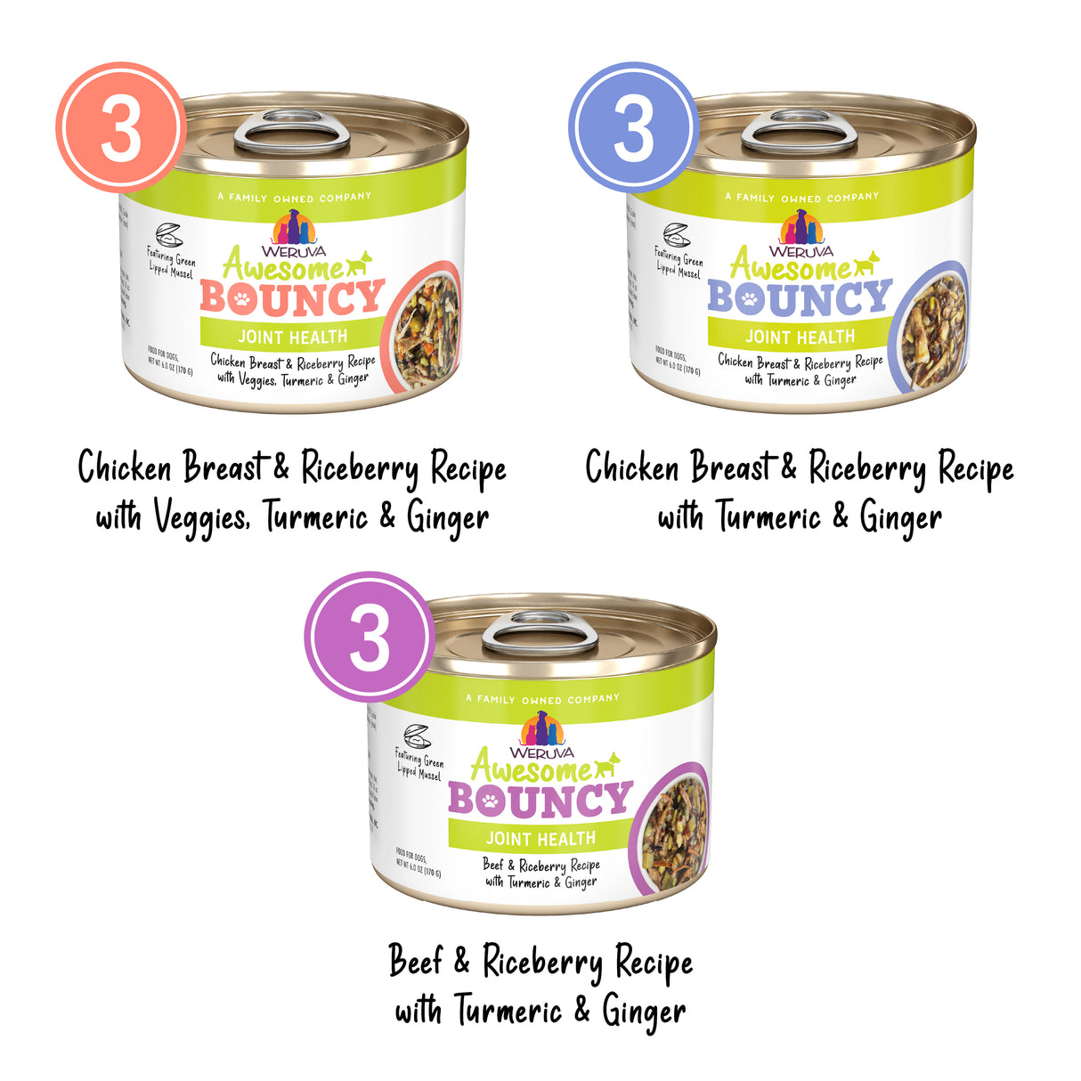 Three cans of Awesome Functions Awesome Bouncy Magnificent Mobility cat food—two Chicken Breast & Riceberry (one with veggies) and one Beef & Riceberry—feature turmeric, ginger, and support joint health. Each can displays a large number 3.
