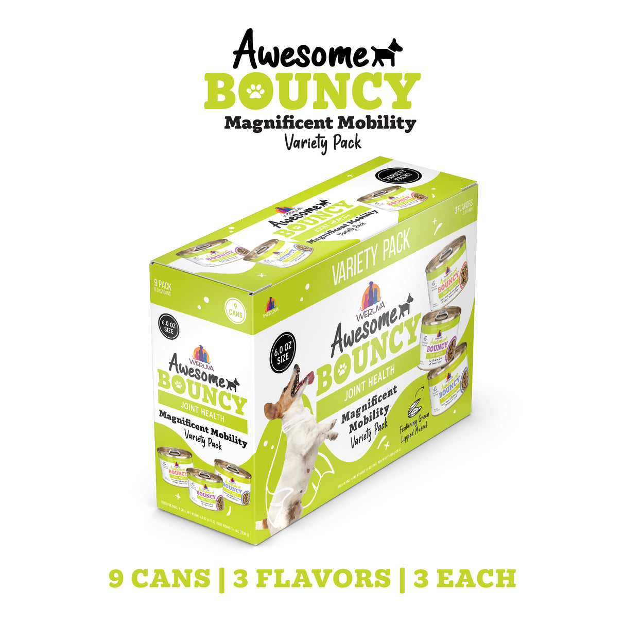 The Awesome Functions Awesome Bouncy Magnificent Mobility Variety Pack includes 9 cans in 3 flavors, with green-lipped mussels for joint health. The box features can images and a playful cat.