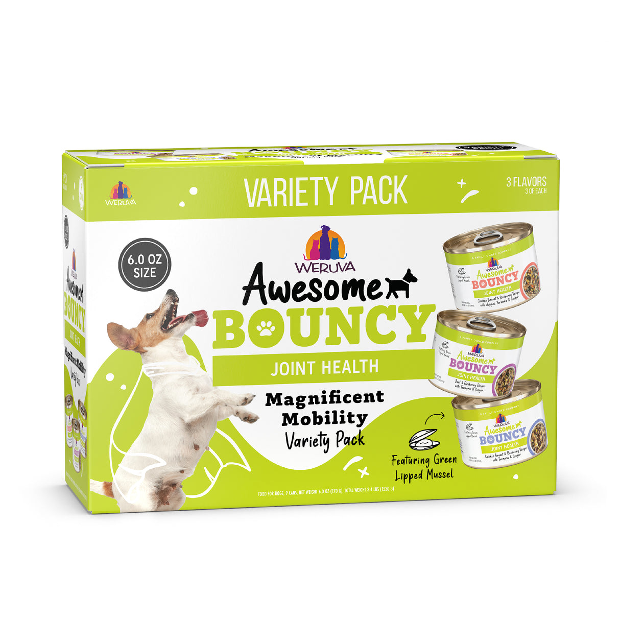 A box of Awesome Functions Awesome Bouncy Magnificent Mobility dog food variety pack, with three flavors featuring green-lipped mussels. Green and white packaging displays a happy dog highlighting joint health benefits.