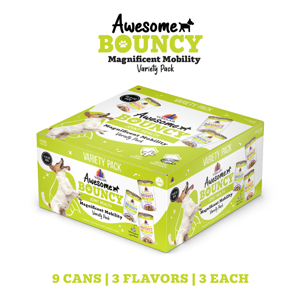 A green and white box labeled "Awesome Bouncy Magnificent Mobility" by Awesome Functions holds 9 joint health dog food cans with fish oil, in 3 flavors (3 cans each). The packaging features a dog illustration and images of the cans.