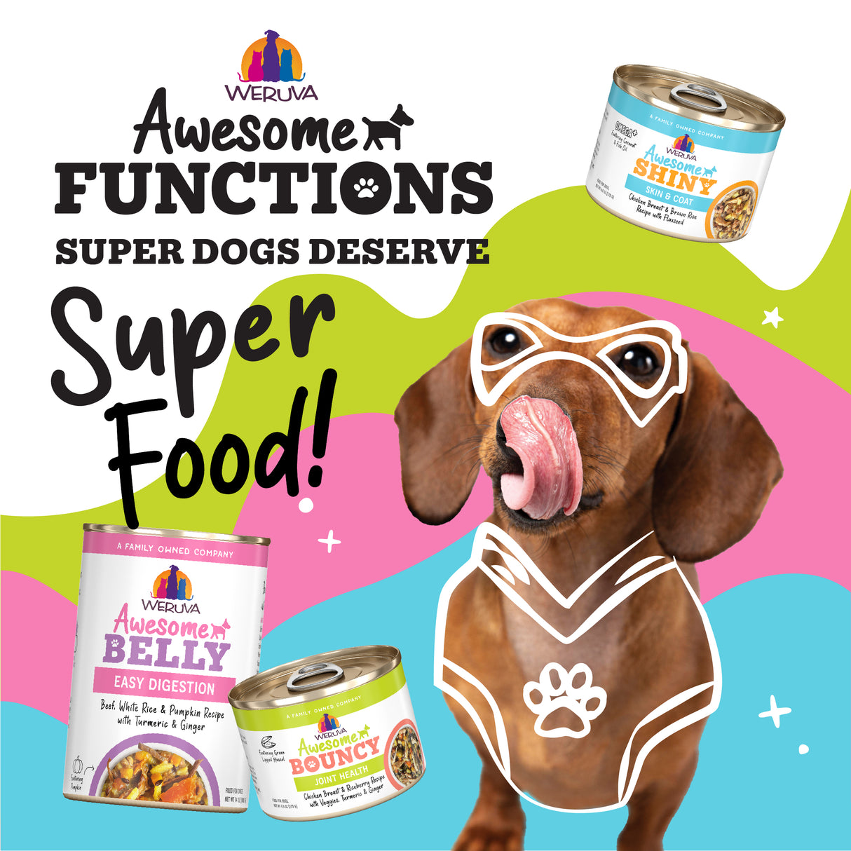 A brown dog in superhero gear licks its nose, surrounded by colorful Awesome Functions’ “Awesome Bouncy Magnificent Mobility” cans with green-lipped mussels for joint health. Bold text proclaims: “Super Dogs Deserve Super Food!”.