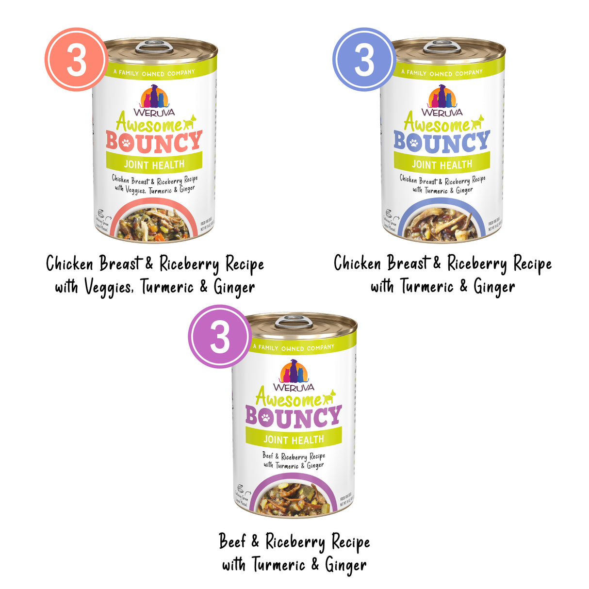 Three Awesome Functions Awesome Bouncy Magnificent Mobility cat food cans are shown: two Chicken Breast & Riceberry recipes (with veggies, or with turmeric & ginger), and one Beef & Riceberry recipe with turmeric, ginger, and green-lipped mussels for joint health.