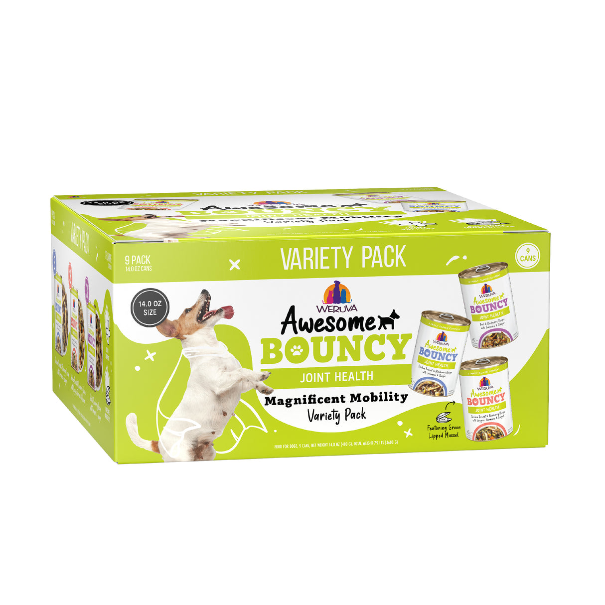 A yellow and green box of Awesome Functions Awesome Bouncy Magnificent Mobility dog food shows playful dogs, cans, and ingredients like fish oil for joint health, with a Variety Pack label highlighting Magnificent Mobility.