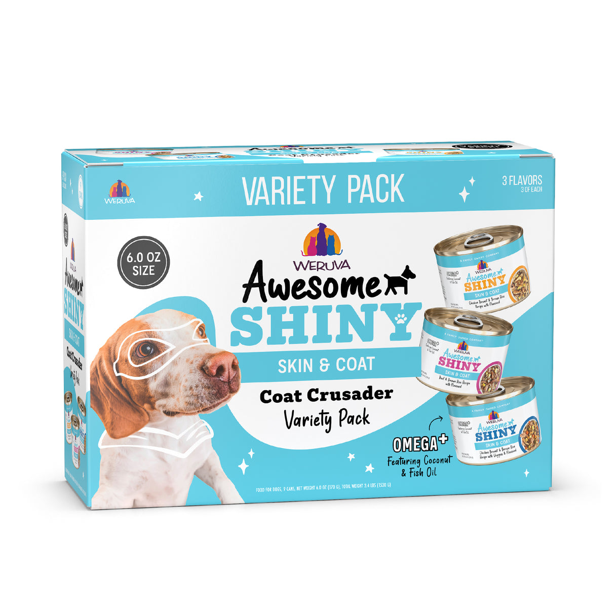 A box of Awesome Functions Awesome Shiny Coat Crusader wet dog food with three flavors, can images, a superhero dog, and text highlighting Omega-3 for skin and coat health plus natural glow benefits.