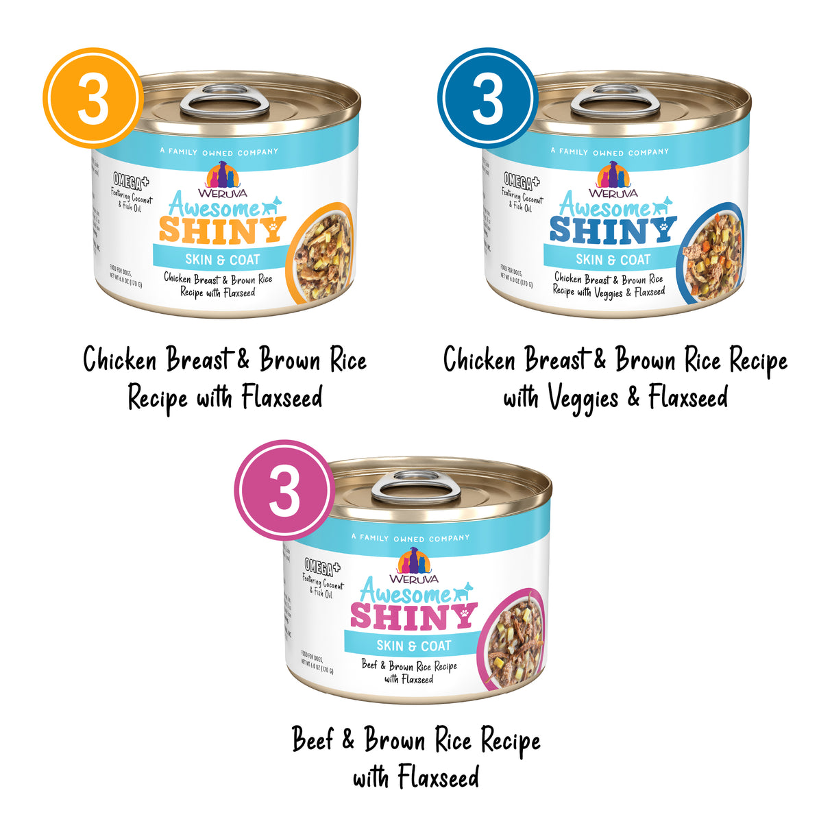 Three cans of Awesome Functions' Awesome Shiny Coat Crusader dog food (two Chicken Breast & Brown Rice—one with veggies—and one Beef & Brown Rice) all include flaxseed for skin and coat health. Each can is labeled with a 3.
