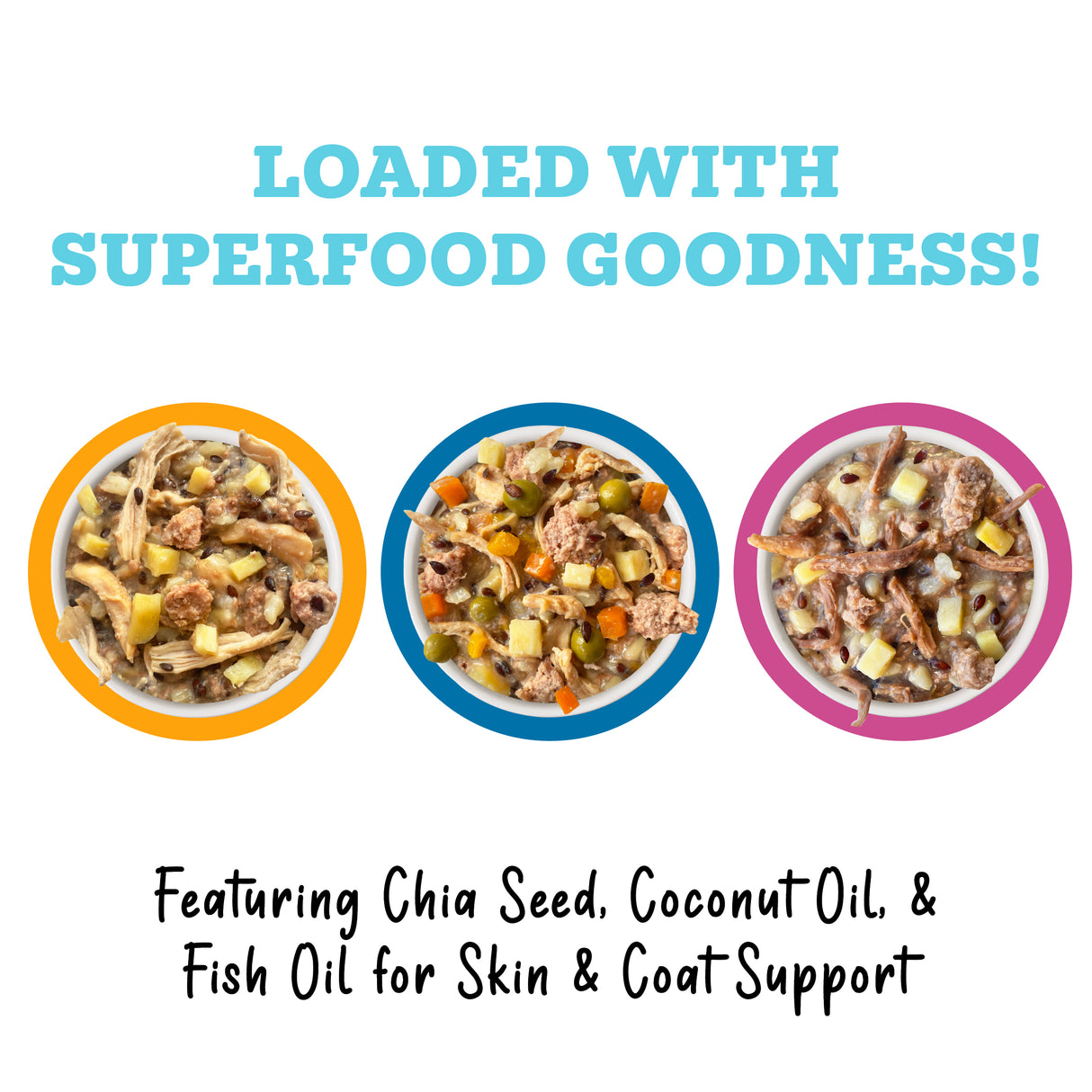 Three bowls of Awesome Functions’ Awesome Shiny Coat Crusader pet food with visible chunks and veggies, framed by colored circles. Text: Packed with chia seed, coconut oil & fish oil to support shiny coats and soothe itchy skin.