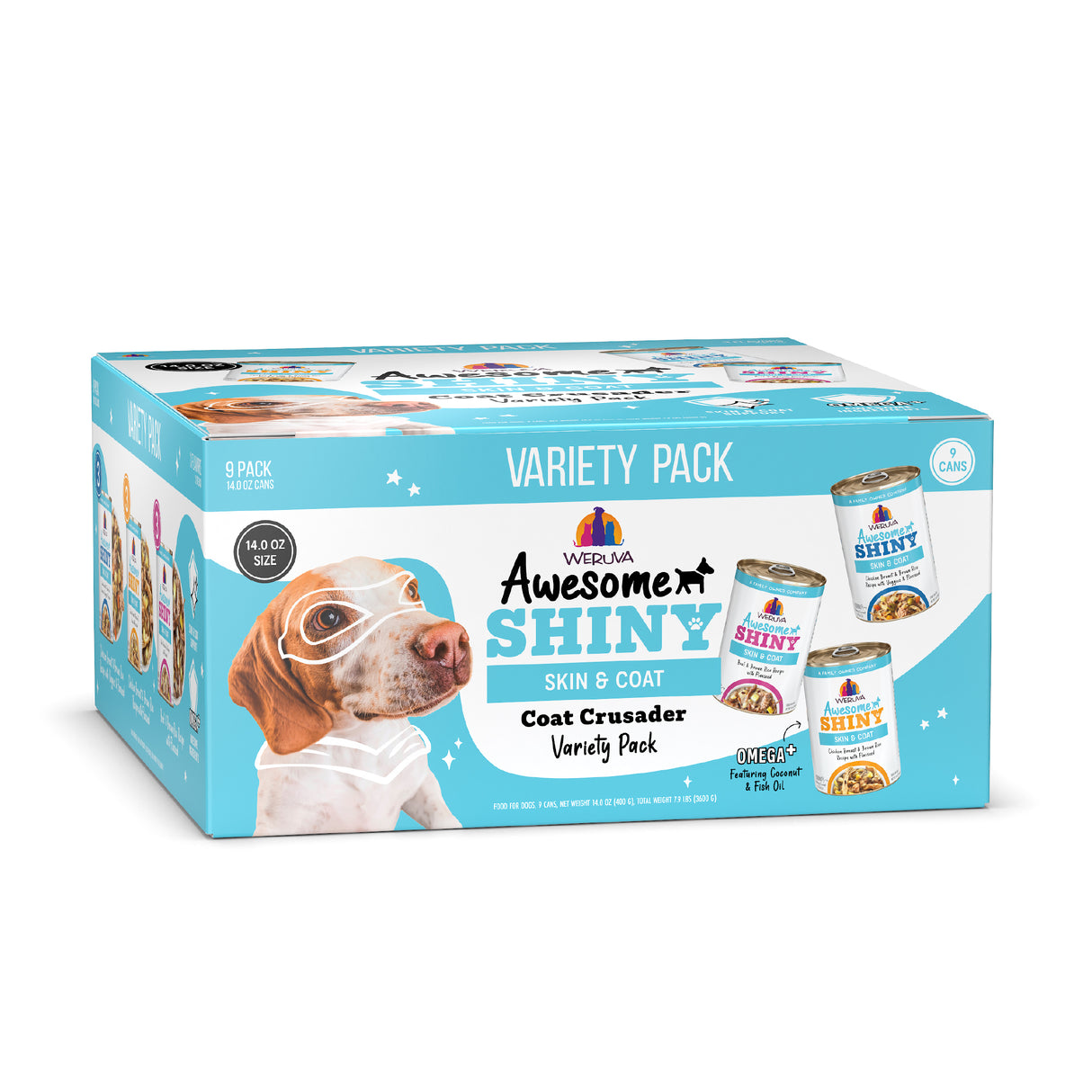 A blue and white box of Awesome Functions Awesome Shiny Coat Crusader dog food, featuring a masked dog illustration and three canned flavors—formulated to support healthy skin and coat in dogs.