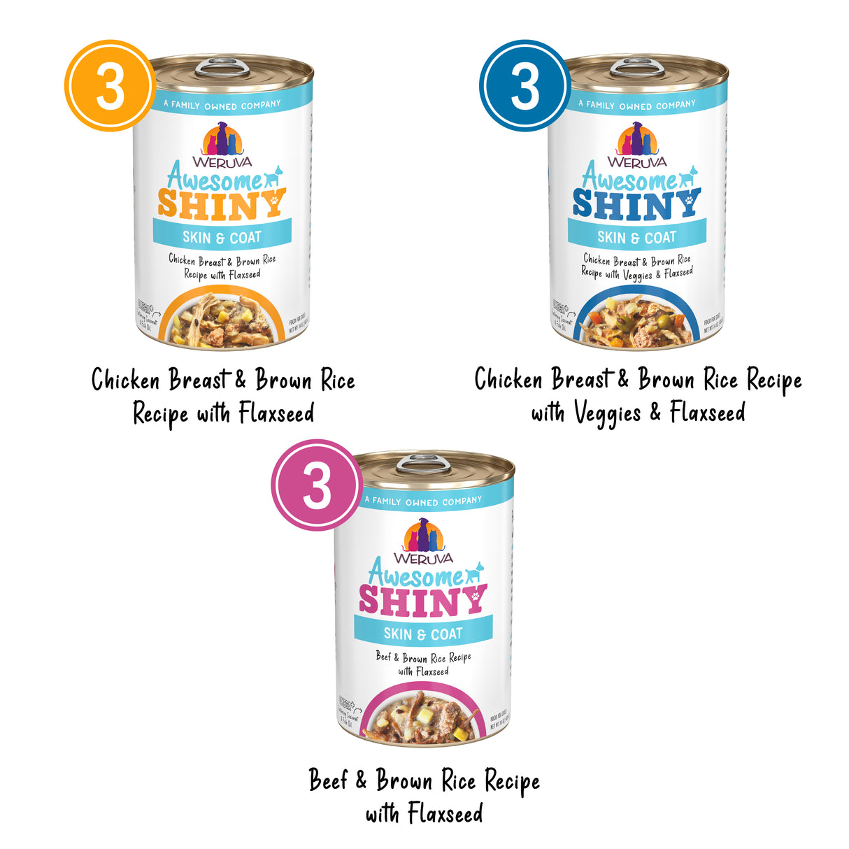 Three cans of Awesome Functions Awesome Shiny Coat Crusader dog food come in Chicken Breast & Brown Rice, Chicken Breast & Brown Rice with Veggies & Flaxseed, and Beef & Brown Rice with Flaxseed recipes for skin and coat health.