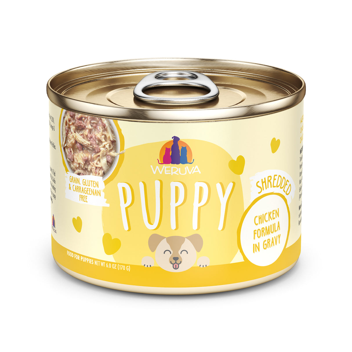 A can of Weruva Chicken Formula in Gravy, featuring boneless chicken breast, crafted to support puppy growth.