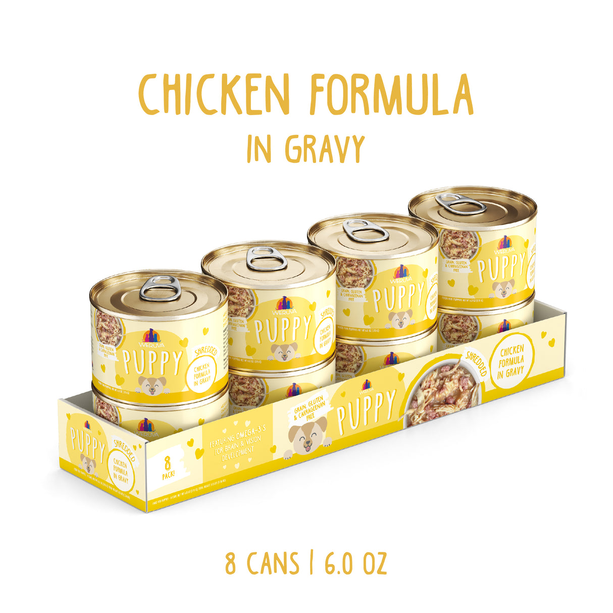 Eight cans of Weruva Chicken Formula in Gravy dog food are shown in yellow packaging with puppy and chicken illustrations. Made with boneless chicken breast to support puppy growth. Label reads “Chicken Formula in Gravy” and “8 cans | 6.0 oz.”.