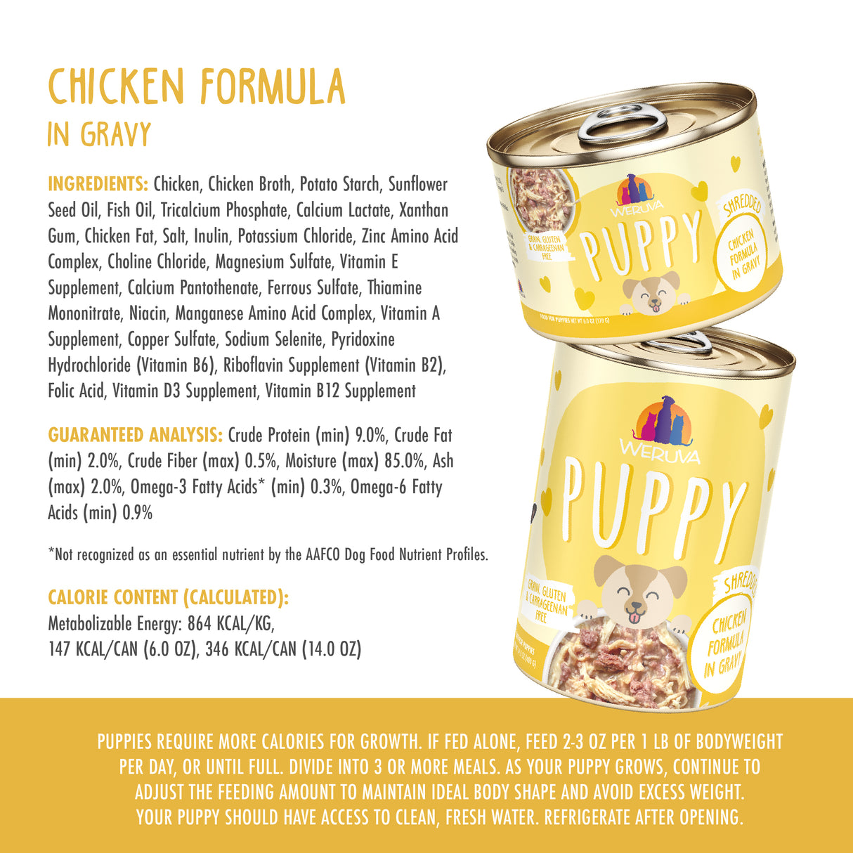 The Weruva Chicken Formula in Gravy label highlights boneless chicken breast for puppies’ growth, lists ingredients, guaranteed analysis, omega-3 content, calorie info, feeding instructions, and features cans with dog and puppy illustrations.