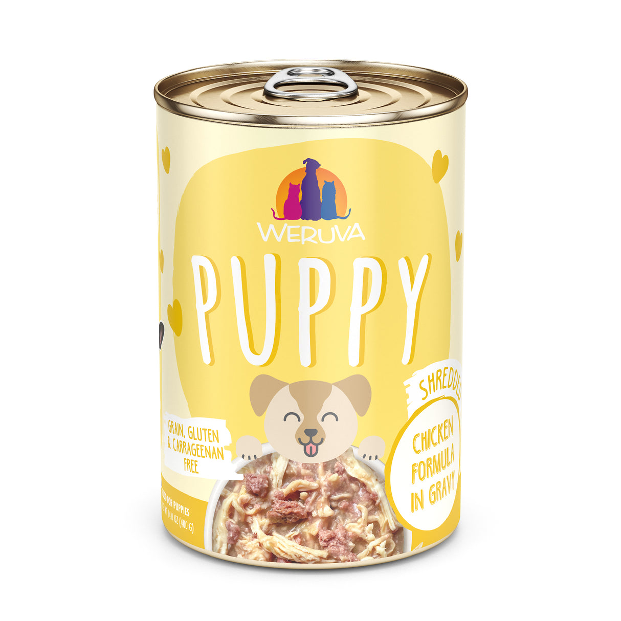 A can of Weruva Chicken Formula in Gravy, made with boneless chicken breast for puppy growth, features a playful puppy and yellow heart on the label. It’s grain, gluten, and carrageenan free.