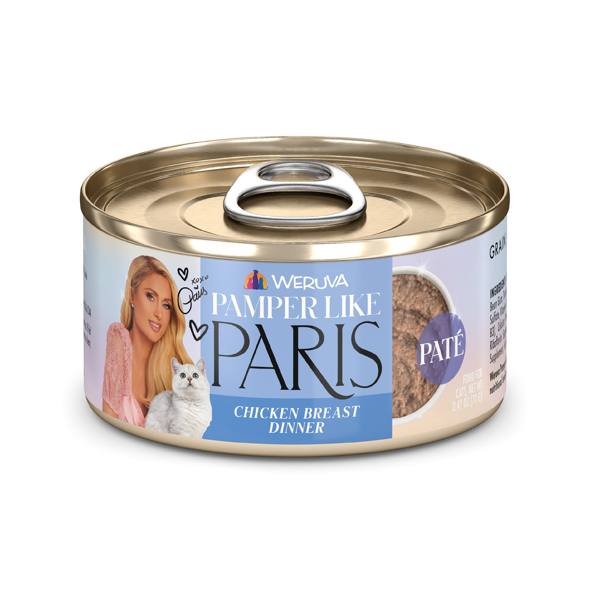 A can of Weruva cat food labeled Chicken Breast Dinner in a Hydrating Purée features an image of a blonde woman with a white cat, highlighting its premium pâté made from cage-free chicken.