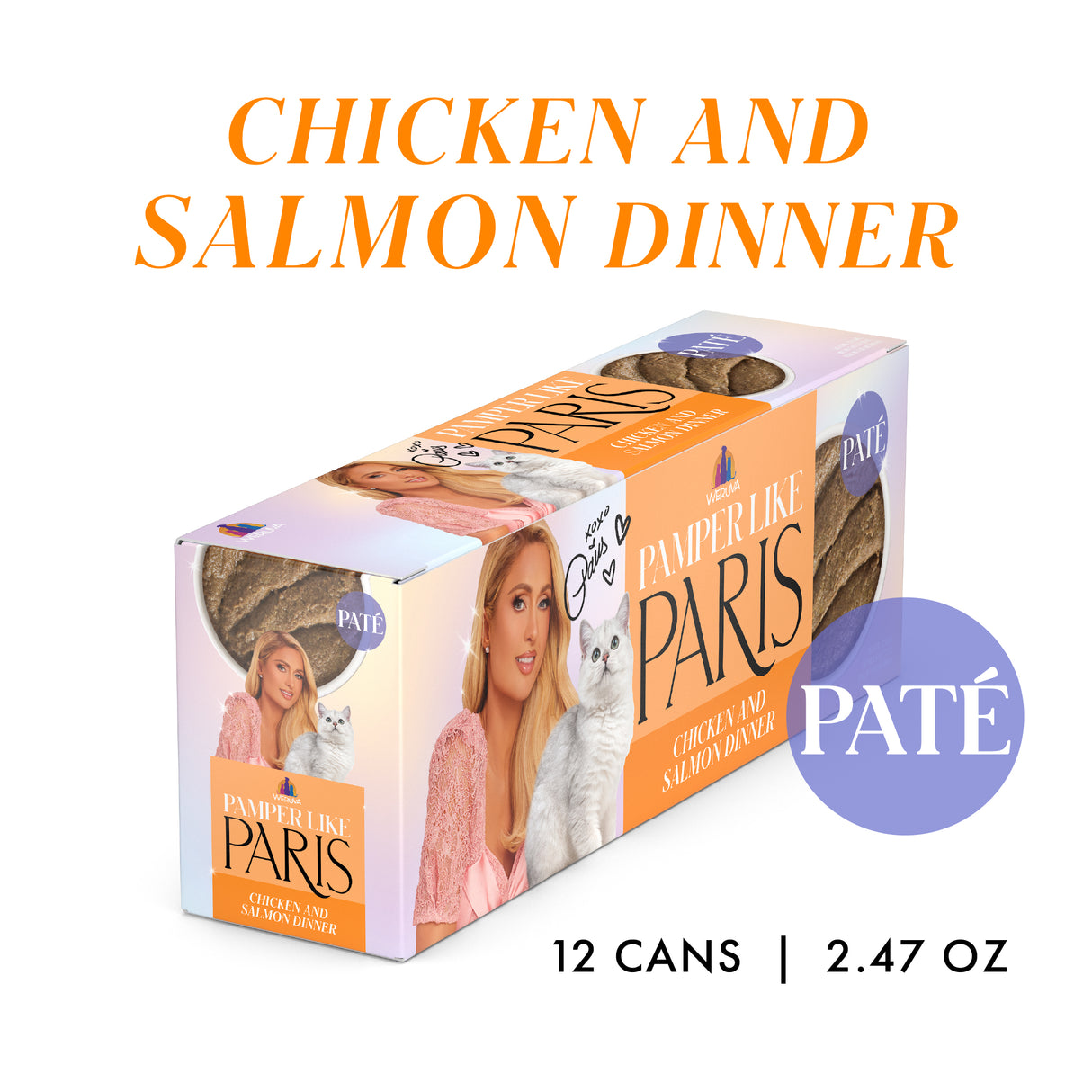 A 12-pack of Weruva Chicken and Salmon Dinner in a Hydrating Purée cat food, featuring a woman in pink with a white cat. Each can contains 2.47 oz of hydrating purée with wild-caught salmon and cage-free chicken.