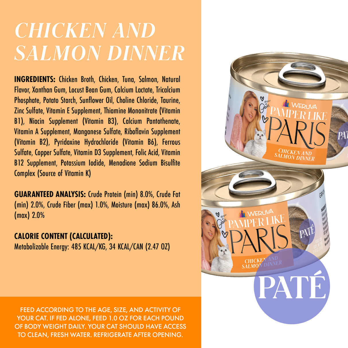 Two cans of Weruva Chicken and Salmon Dinner in a Hydrating Purée cat food sit on an orange and yellow background, with detailed ingredient and nutritional information displayed beside them.