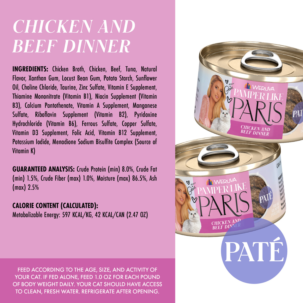 An informational image for Weruva Chicken and Beef Dinner in a Hydrating Purée cat paté, showing cans, cage-free chicken ingredients, nutrition facts, feeding tips, and a bold purple "PATÉ" label.