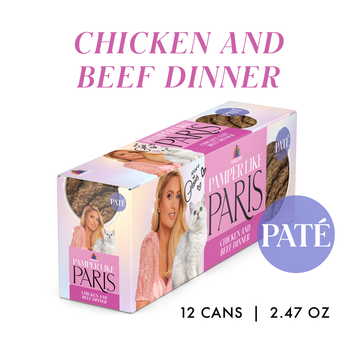 A 12-pack box of Weruva Chicken and Beef Dinner in a Hydrating Purée cat food, featuring cage-free chicken, with packaging showing a woman in pink and a white cat. Contains 12 cans, each 2.47 oz. Flavors and size are highlighted on the box.