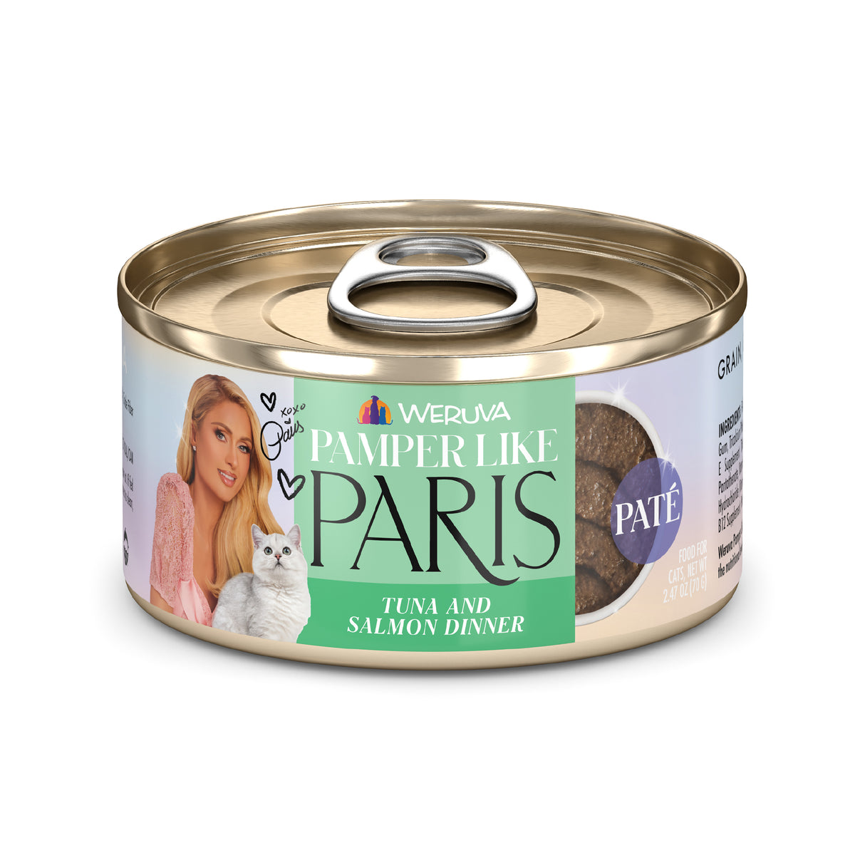 A 2.8 oz (79g) can of Weruva Tuna and Salmon Dinner in a Hydrating Purée for cats. The label features a blonde woman in pink with her white cat, surrounded by decorative hearts and text.