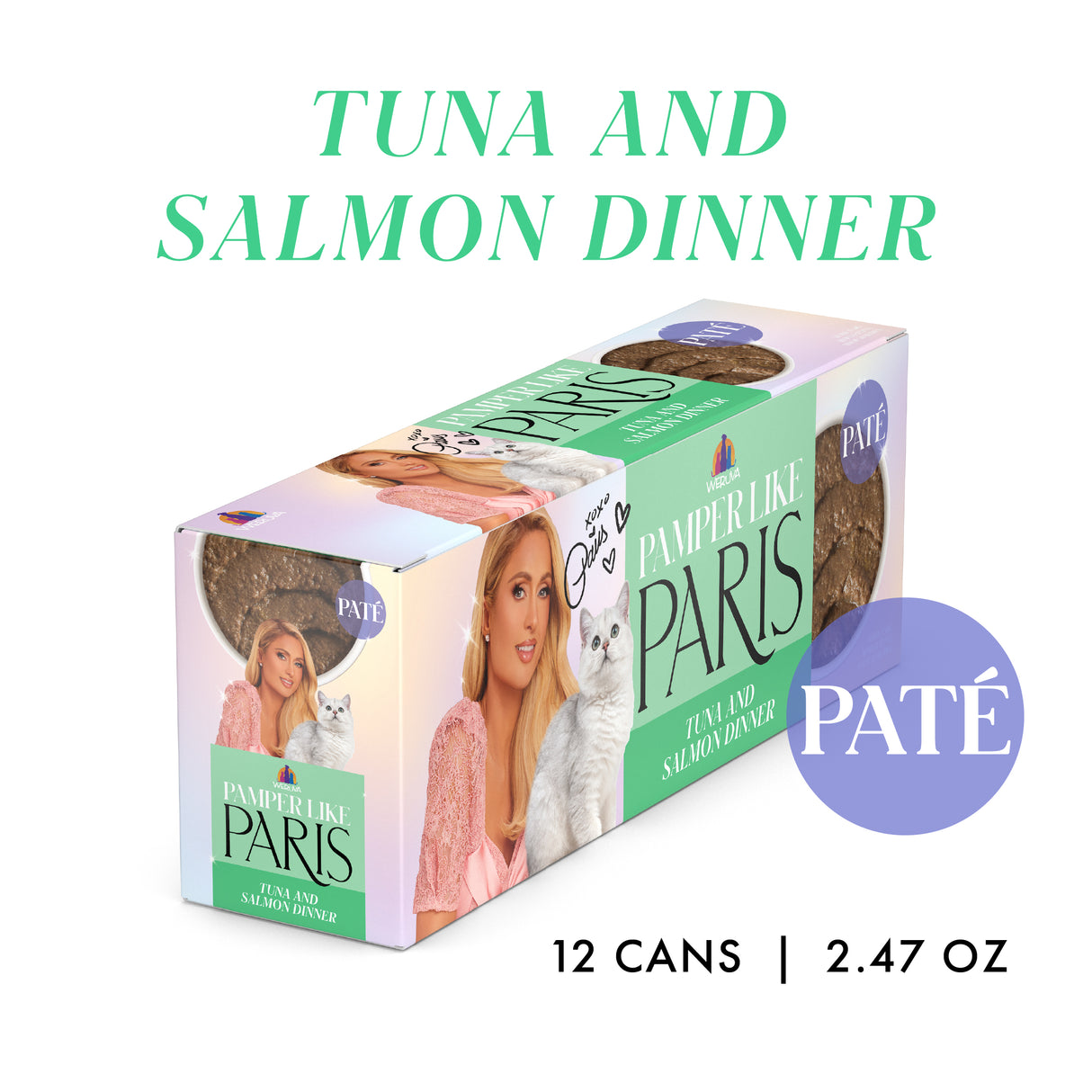 A box of Weruva Tuna and Salmon Dinner in a Hydrating Purée, with 12 cans (2.47 oz each). Packaging features a blonde woman in pink and her white cat, highlighting the tasty tuna and salmon flavors.