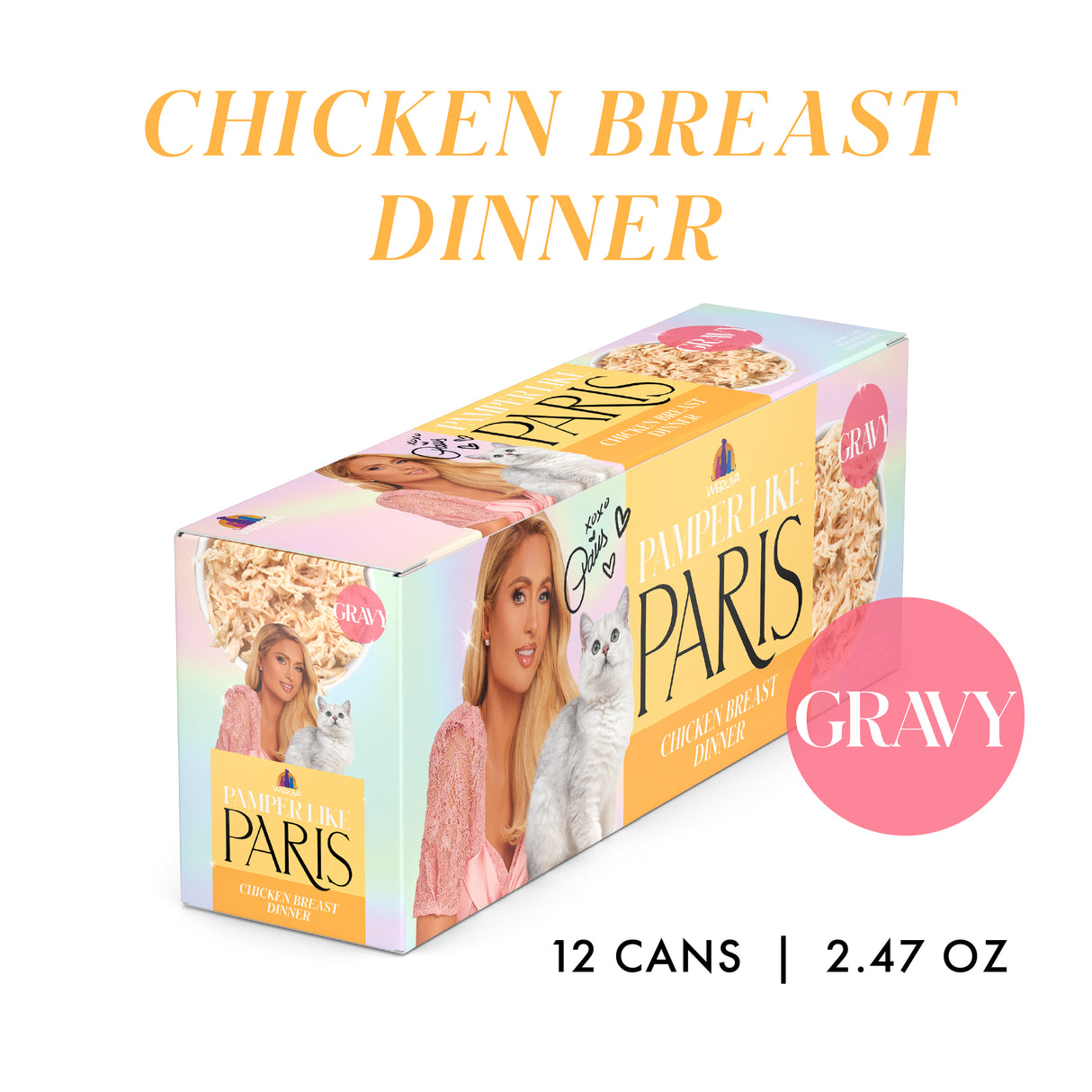 A colorful Weruva box labeled Chicken Breast Dinner in Gravy features a woman in pink and a white cat. The pack contains 12 cans (2.47 oz each) made with cage-free chicken, highlighting the phrase "savory gravy.