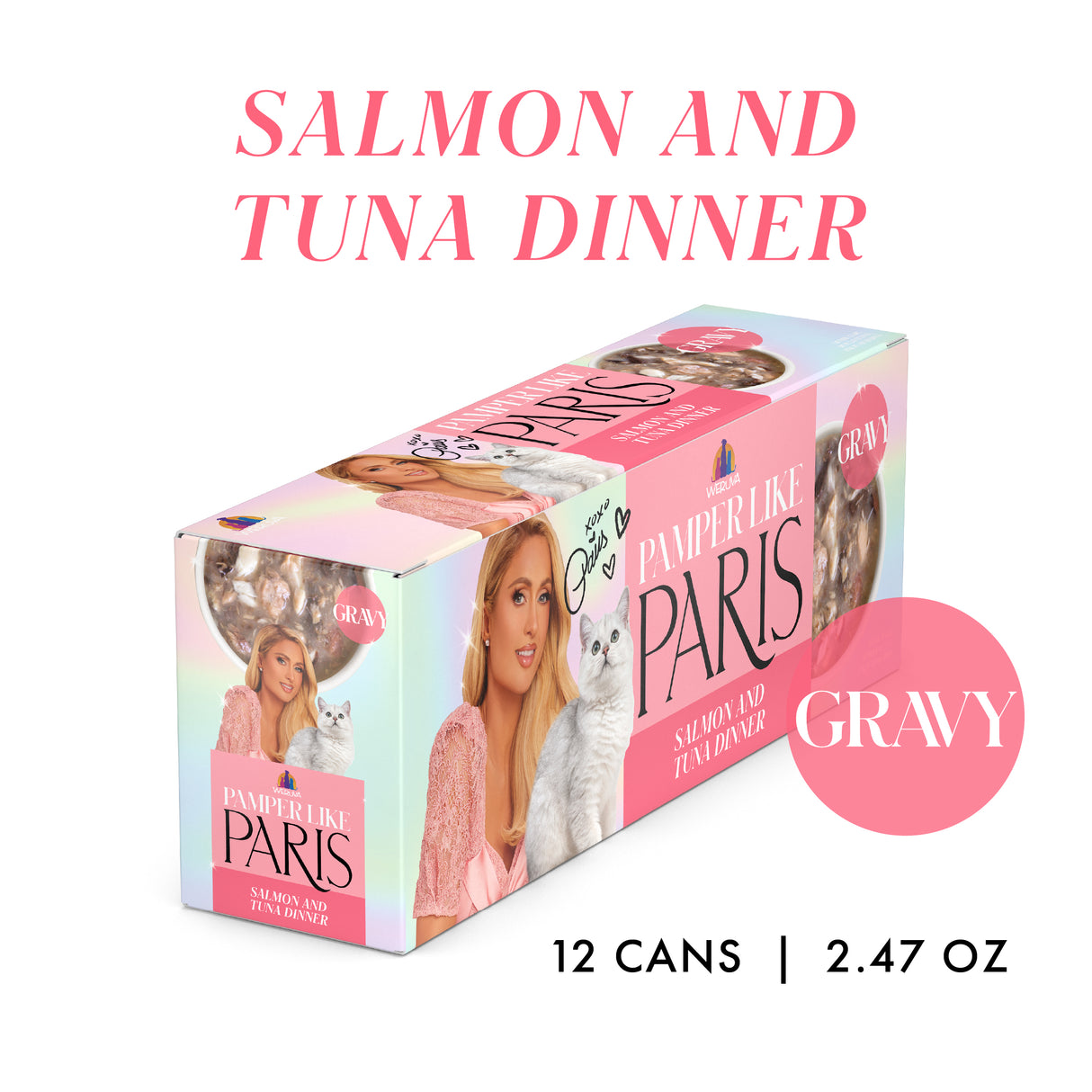 A 12-pack of Weruva Salmon and Tuna Dinner in Gravy cat food, each can 2.47 oz, features a woman with long blonde hair and her white cat on the packaging, highlighting "GRAVY," "12 cans," and "2.47 oz.