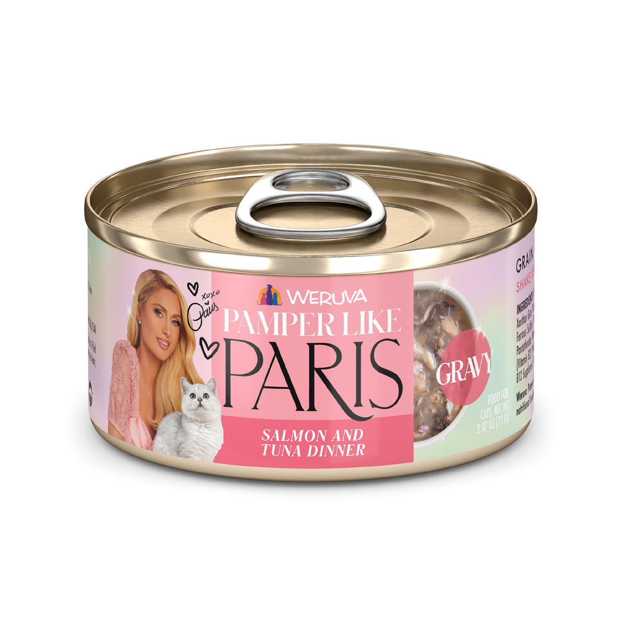 A can of Weruva Salmon and Tuna Dinner in Gravy cat food, featuring a woman with long blonde hair and a white cat on the pink label. The word GRAVY appears on the side.