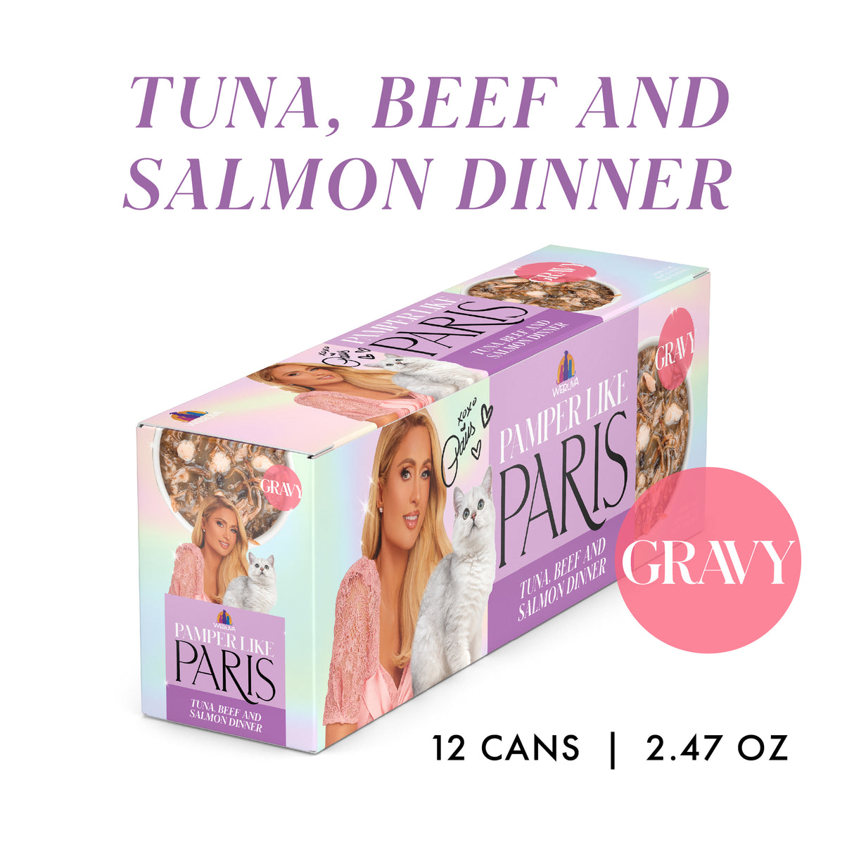 A 12-pack box of Weruva Tuna, Beef, and Salmon Dinner in Gravy cat food. Each 2.47 oz can features tender cuts in gravy. The packaging displays a stylish woman in pink with a white cat.