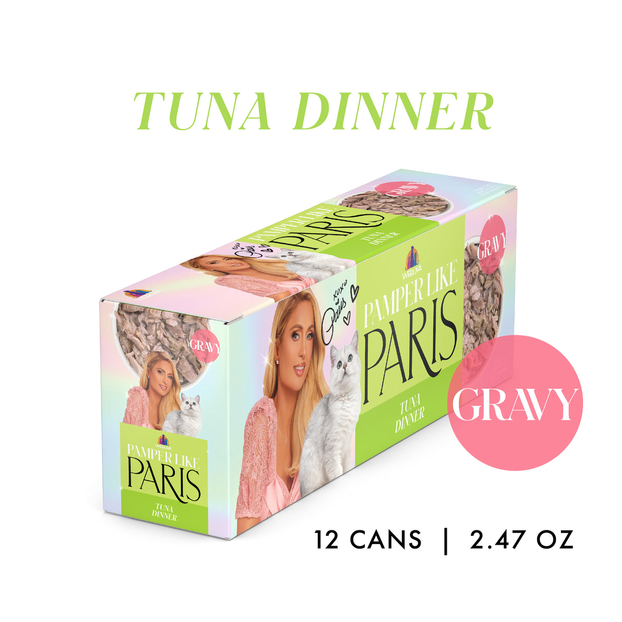 A vibrant box of Weruva Tuna Dinner in Gravy for cats is shown, featuring a glamorous woman and her cat. The box contains 12 cans (2.47 oz each), highlighting tender tuna in delicious gravy—perfect for a luxurious feline meal.